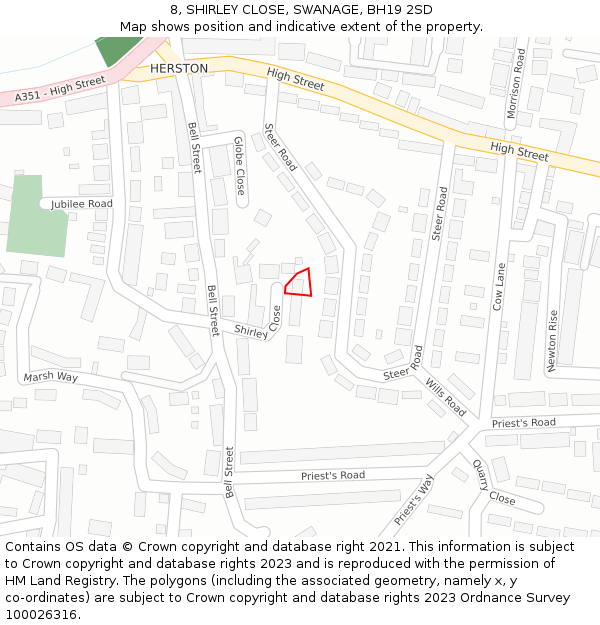 8, SHIRLEY CLOSE, SWANAGE, BH19 2SD: Location map and indicative extent of plot