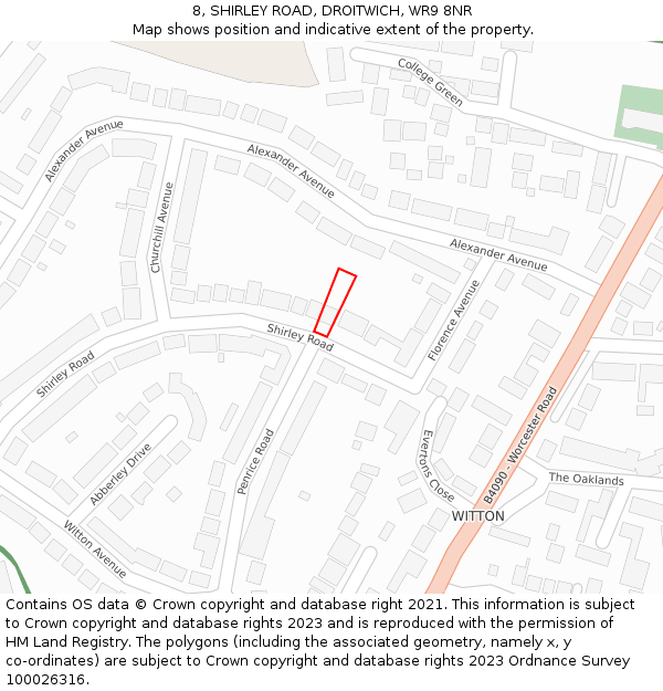 8, SHIRLEY ROAD, DROITWICH, WR9 8NR: Location map and indicative extent of plot