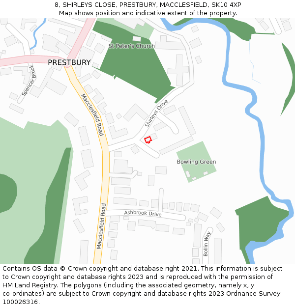 8, SHIRLEYS CLOSE, PRESTBURY, MACCLESFIELD, SK10 4XP: Location map and indicative extent of plot