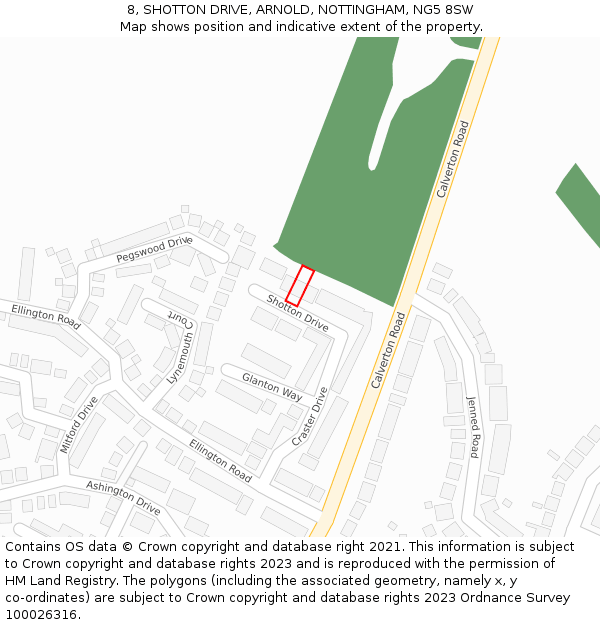 8, SHOTTON DRIVE, ARNOLD, NOTTINGHAM, NG5 8SW: Location map and indicative extent of plot