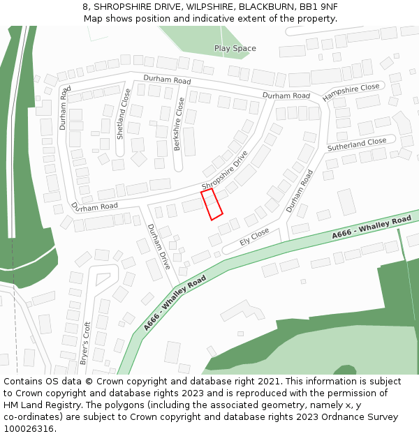 8, SHROPSHIRE DRIVE, WILPSHIRE, BLACKBURN, BB1 9NF: Location map and indicative extent of plot