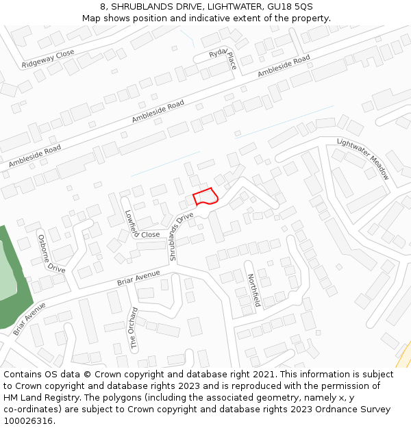 8, SHRUBLANDS DRIVE, LIGHTWATER, GU18 5QS: Location map and indicative extent of plot