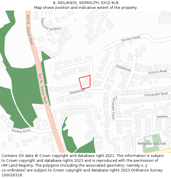 8, SIDLANDS, SIDMOUTH, EX10 8UE: Location map and indicative extent of plot
