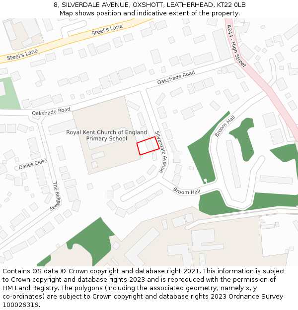 8, SILVERDALE AVENUE, OXSHOTT, LEATHERHEAD, KT22 0LB: Location map and indicative extent of plot