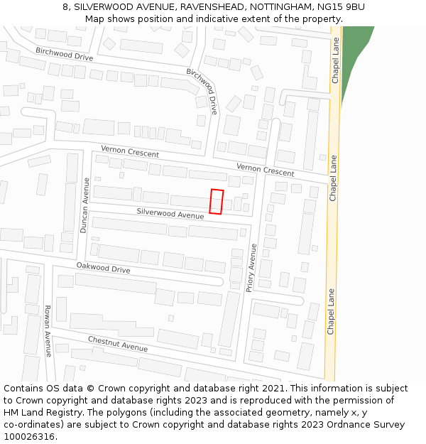 8, SILVERWOOD AVENUE, RAVENSHEAD, NOTTINGHAM, NG15 9BU: Location map and indicative extent of plot