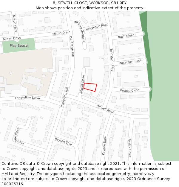 8, SITWELL CLOSE, WORKSOP, S81 0EY: Location map and indicative extent of plot