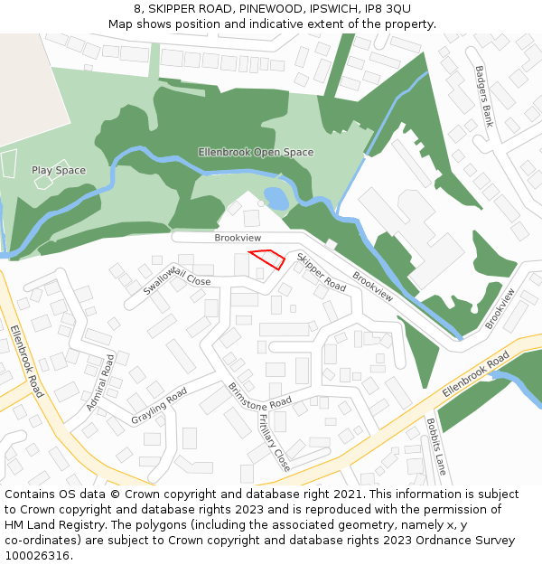 8, SKIPPER ROAD, PINEWOOD, IPSWICH, IP8 3QU: Location map and indicative extent of plot