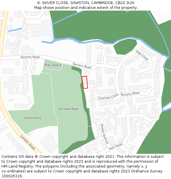 8, SKIVER CLOSE, SAWSTON, CAMBRIDGE, CB22 3UN: Location map and indicative extent of plot