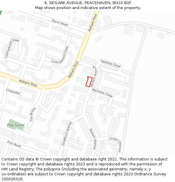 8, SKYLARK AVENUE, PEACEHAVEN, BN10 8GF: Location map and indicative extent of plot