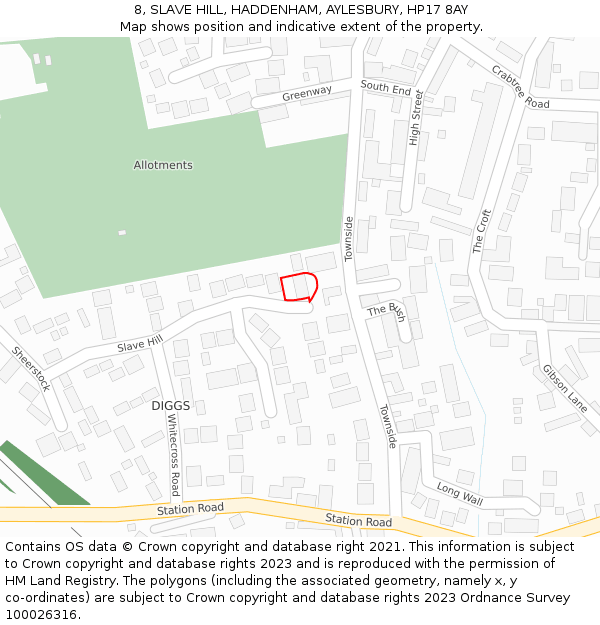 8, SLAVE HILL, HADDENHAM, AYLESBURY, HP17 8AY: Location map and indicative extent of plot