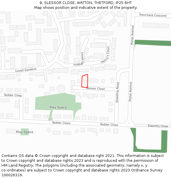 8, SLESSOR CLOSE, WATTON, THETFORD, IP25 6HT: Location map and indicative extent of plot