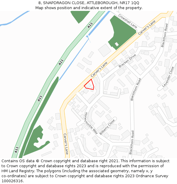 8, SNAPDRAGON CLOSE, ATTLEBOROUGH, NR17 1QQ: Location map and indicative extent of plot