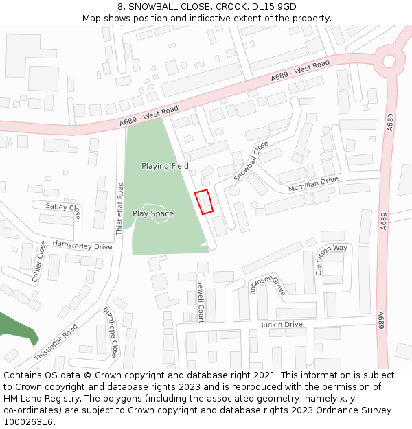 8, SNOWBALL CLOSE, CROOK, DL15 9GD: Location map and indicative extent of plot