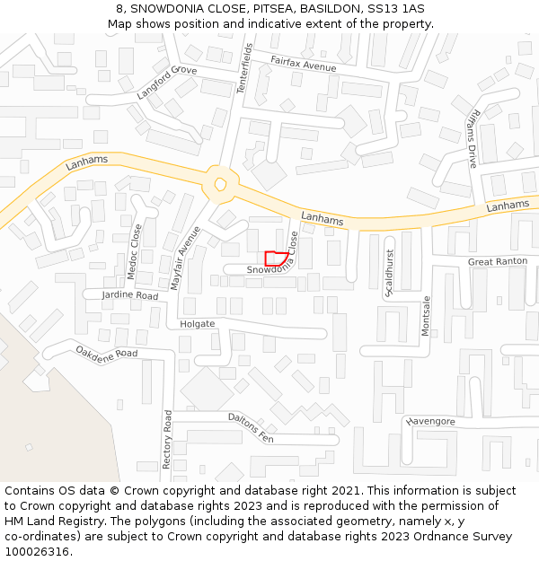 8, SNOWDONIA CLOSE, PITSEA, BASILDON, SS13 1AS: Location map and indicative extent of plot