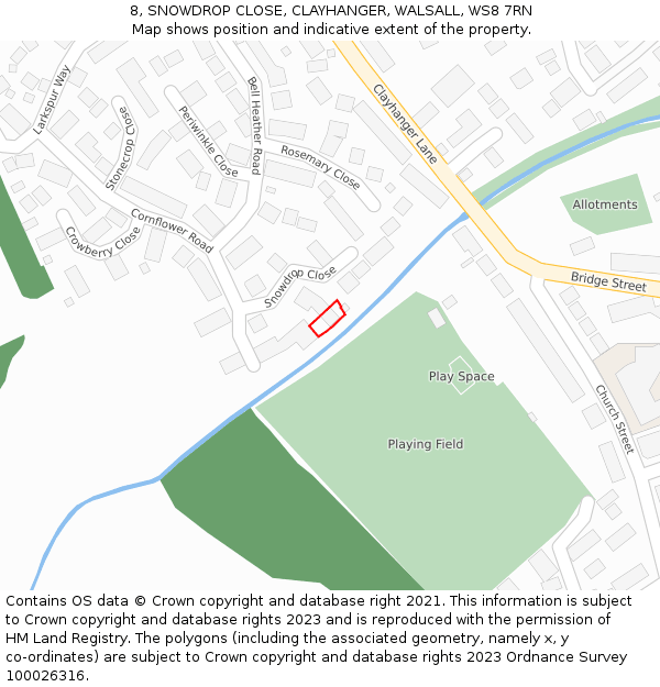 8, SNOWDROP CLOSE, CLAYHANGER, WALSALL, WS8 7RN: Location map and indicative extent of plot