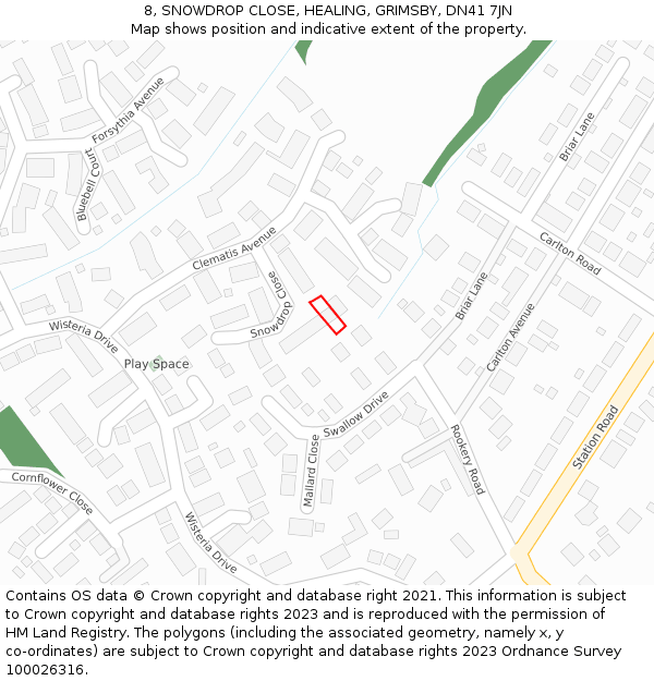 8, SNOWDROP CLOSE, HEALING, GRIMSBY, DN41 7JN: Location map and indicative extent of plot