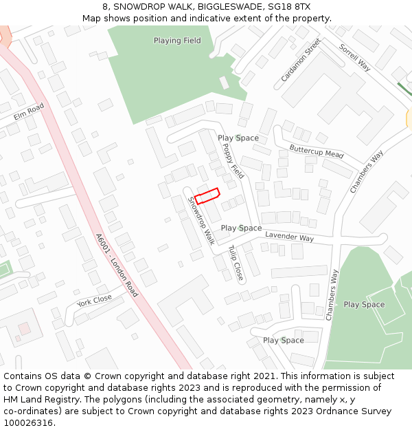 8, SNOWDROP WALK, BIGGLESWADE, SG18 8TX: Location map and indicative extent of plot