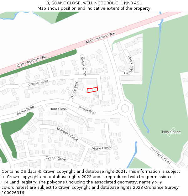 8, SOANE CLOSE, WELLINGBOROUGH, NN8 4SU: Location map and indicative extent of plot