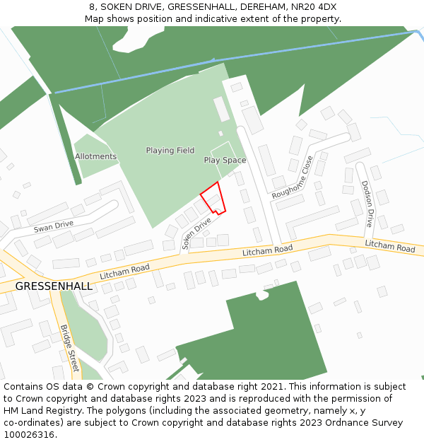 8, SOKEN DRIVE, GRESSENHALL, DEREHAM, NR20 4DX: Location map and indicative extent of plot