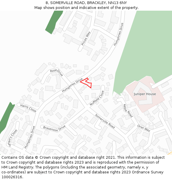 8, SOMERVILLE ROAD, BRACKLEY, NN13 6NY: Location map and indicative extent of plot