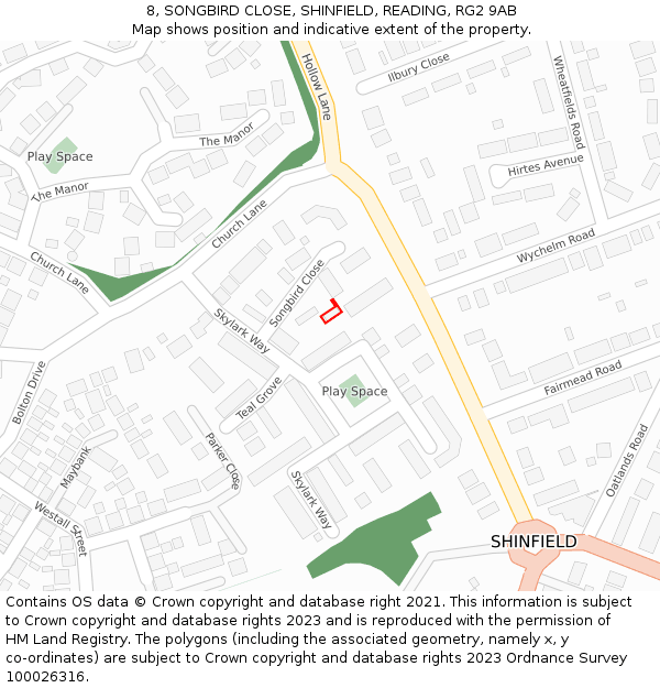 8, SONGBIRD CLOSE, SHINFIELD, READING, RG2 9AB: Location map and indicative extent of plot