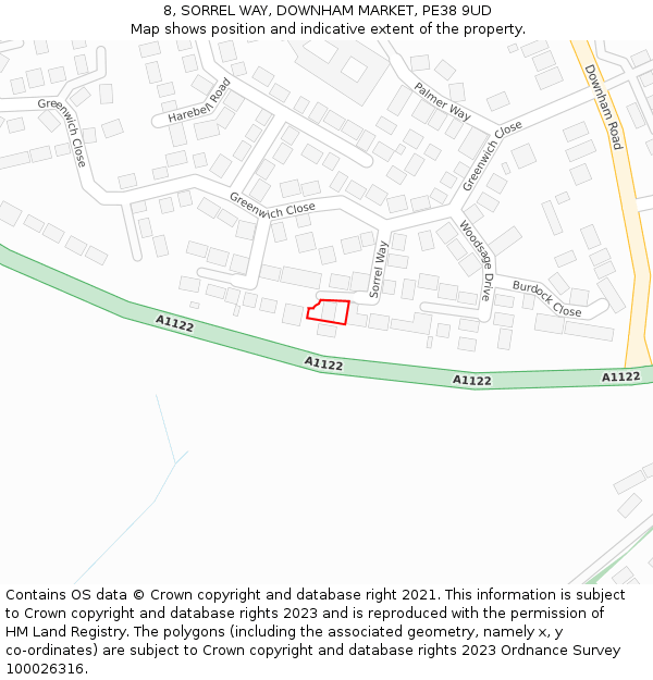 8, SORREL WAY, DOWNHAM MARKET, PE38 9UD: Location map and indicative extent of plot