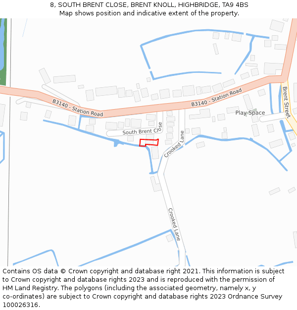 8, SOUTH BRENT CLOSE, BRENT KNOLL, HIGHBRIDGE, TA9 4BS: Location map and indicative extent of plot