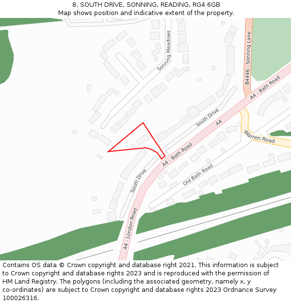 8, SOUTH DRIVE, SONNING, READING, RG4 6GB: Location map and indicative extent of plot