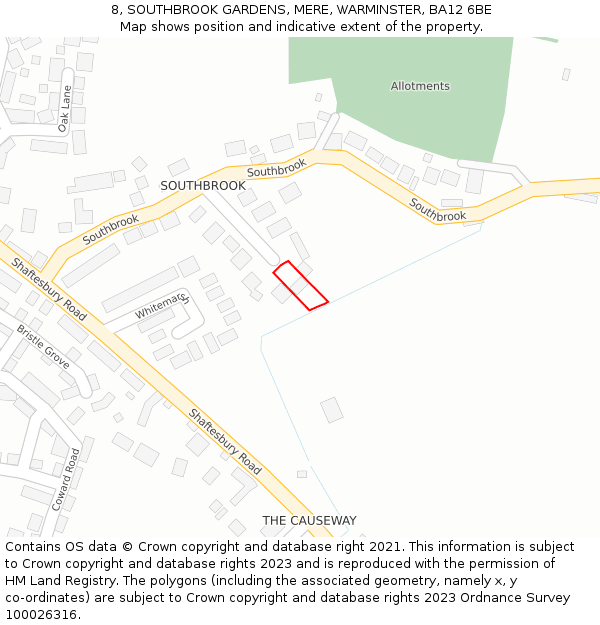 8, SOUTHBROOK GARDENS, MERE, WARMINSTER, BA12 6BE: Location map and indicative extent of plot