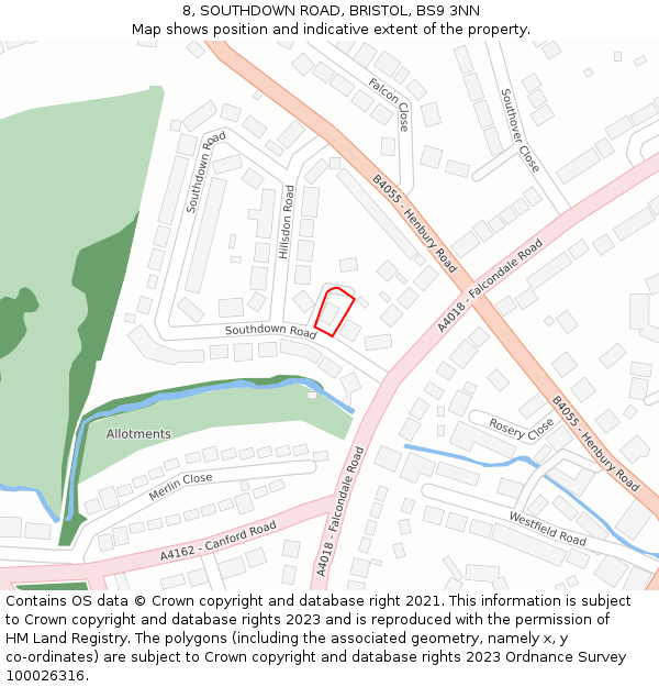 8, SOUTHDOWN ROAD, BRISTOL, BS9 3NN: Location map and indicative extent of plot