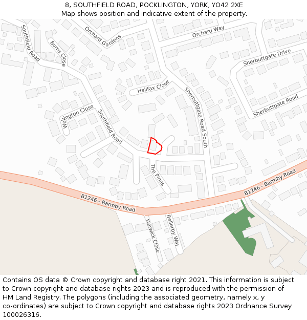8, SOUTHFIELD ROAD, POCKLINGTON, YORK, YO42 2XE: Location map and indicative extent of plot