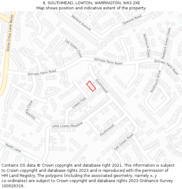 8, SOUTHMEAD, LOWTON, WARRINGTON, WA3 2XE: Location map and indicative extent of plot