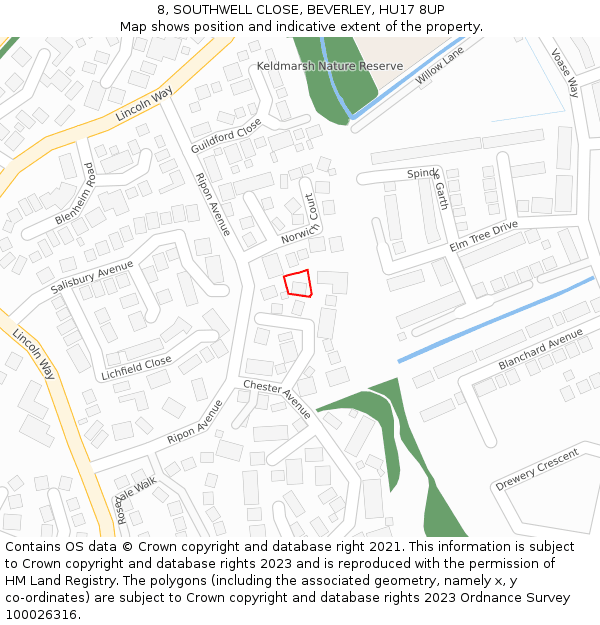 8, SOUTHWELL CLOSE, BEVERLEY, HU17 8UP: Location map and indicative extent of plot