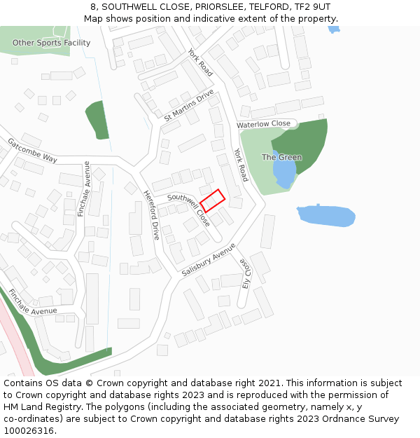 8, SOUTHWELL CLOSE, PRIORSLEE, TELFORD, TF2 9UT: Location map and indicative extent of plot