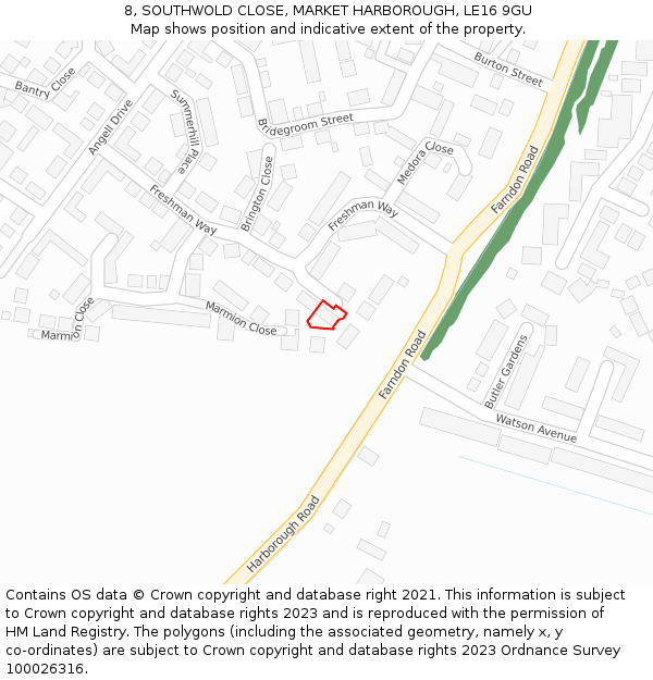 8, SOUTHWOLD CLOSE, MARKET HARBOROUGH, LE16 9GU: Location map and indicative extent of plot