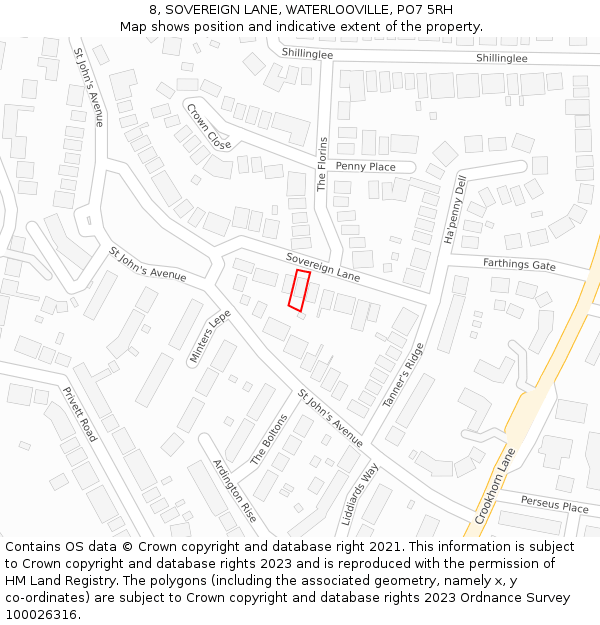 8, SOVEREIGN LANE, WATERLOOVILLE, PO7 5RH: Location map and indicative extent of plot