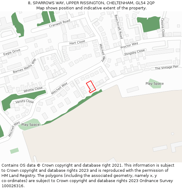 8, SPARROWS WAY, UPPER RISSINGTON, CHELTENHAM, GL54 2QP: Location map and indicative extent of plot