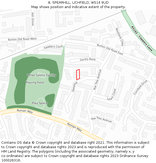 8, SPEARHILL, LICHFIELD, WS14 9UD: Location map and indicative extent of plot