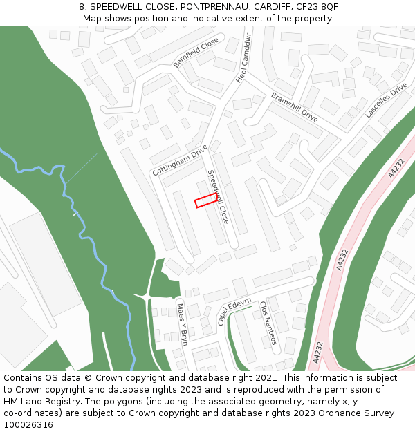 8, SPEEDWELL CLOSE, PONTPRENNAU, CARDIFF, CF23 8QF: Location map and indicative extent of plot