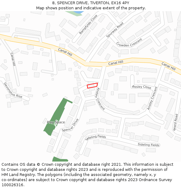 8, SPENCER DRIVE, TIVERTON, EX16 4PY: Location map and indicative extent of plot