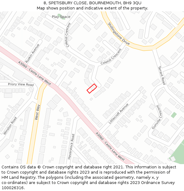 8, SPETISBURY CLOSE, BOURNEMOUTH, BH9 3QU: Location map and indicative extent of plot