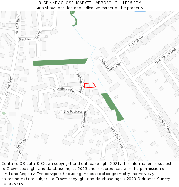 8, SPINNEY CLOSE, MARKET HARBOROUGH, LE16 9DY: Location map and indicative extent of plot
