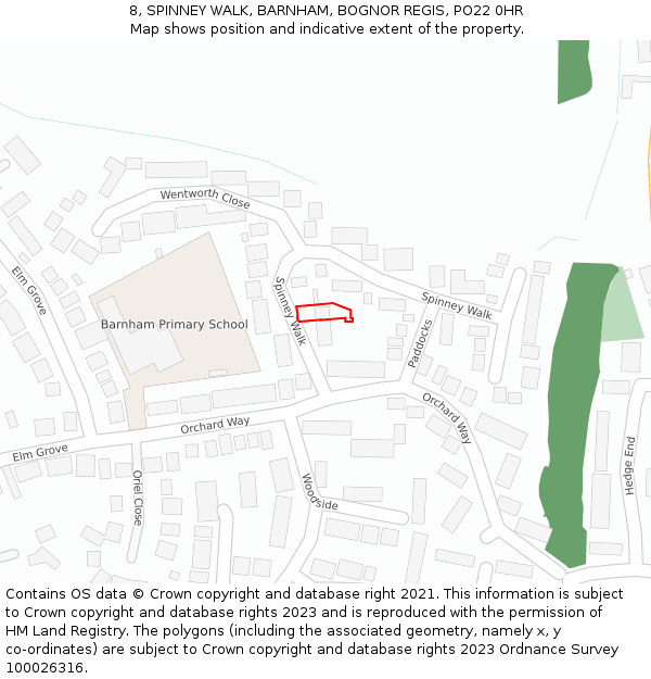 8, SPINNEY WALK, BARNHAM, BOGNOR REGIS, PO22 0HR: Location map and indicative extent of plot