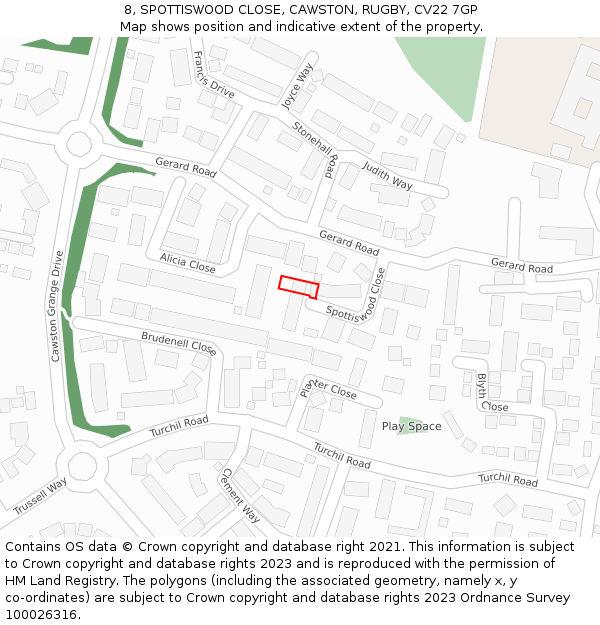8, SPOTTISWOOD CLOSE, CAWSTON, RUGBY, CV22 7GP: Location map and indicative extent of plot