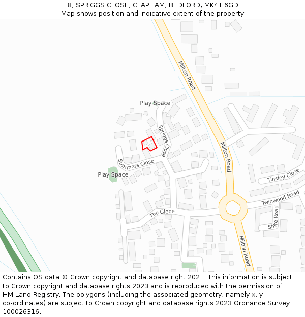 8, SPRIGGS CLOSE, CLAPHAM, BEDFORD, MK41 6GD: Location map and indicative extent of plot