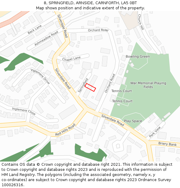 8, SPRINGFIELD, ARNSIDE, CARNFORTH, LA5 0BT: Location map and indicative extent of plot