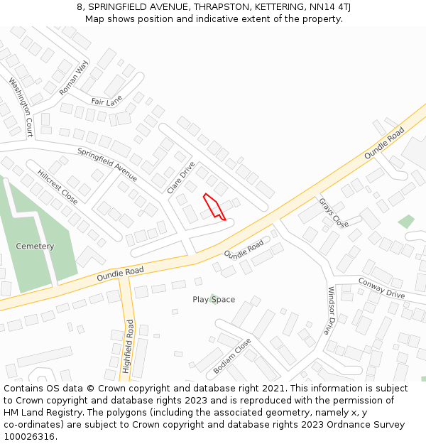 8, SPRINGFIELD AVENUE, THRAPSTON, KETTERING, NN14 4TJ: Location map and indicative extent of plot