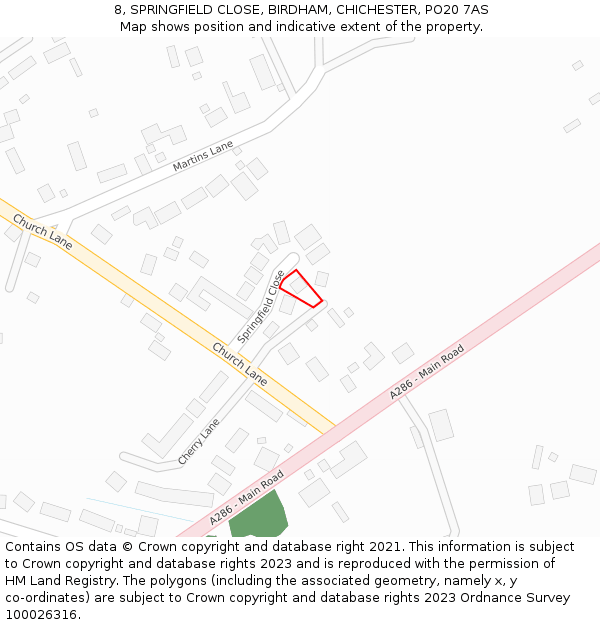 8, SPRINGFIELD CLOSE, BIRDHAM, CHICHESTER, PO20 7AS: Location map and indicative extent of plot