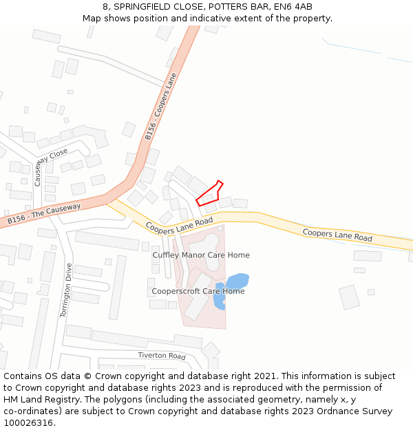 8, SPRINGFIELD CLOSE, POTTERS BAR, EN6 4AB: Location map and indicative extent of plot