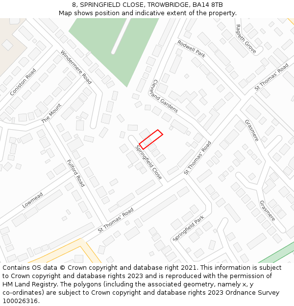8, SPRINGFIELD CLOSE, TROWBRIDGE, BA14 8TB: Location map and indicative extent of plot